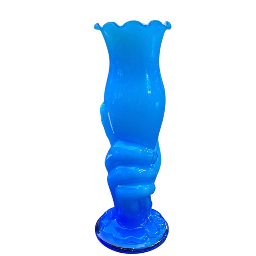 Vintage Fenton Art Blue Overlay Milk Glass Ripple Hand Vase Torch RARE 8.5” - Picture 2 of 6